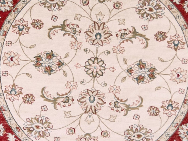 8' Ivory And Red Floral Medallion Round Rug