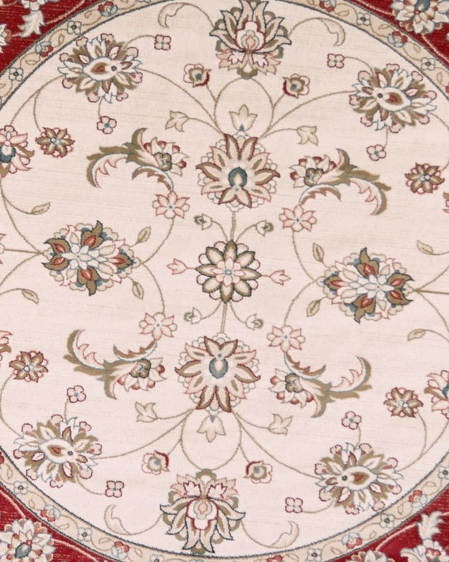 8' Ivory And Red Floral Medallion Round Rug