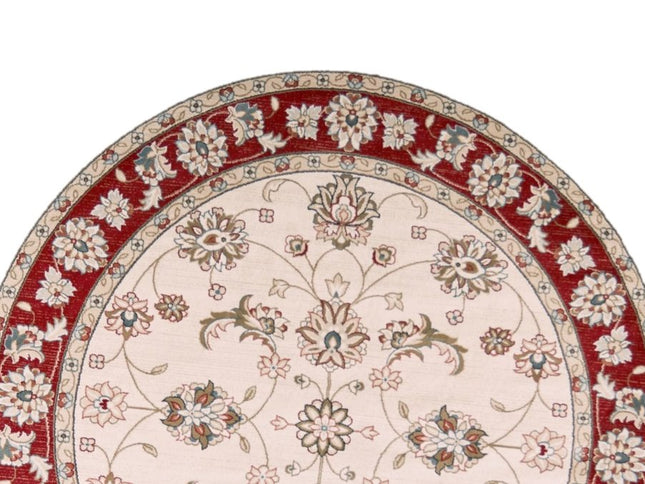 8' Ivory And Red Floral Medallion Round Rug