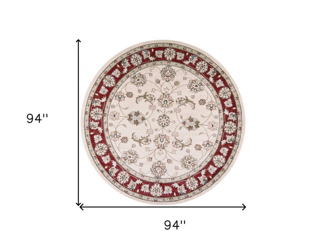 8' Ivory And Red Floral Medallion Round Rug