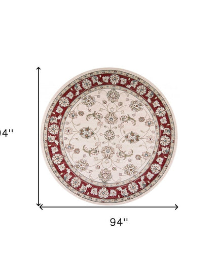 8' Ivory And Red Floral Medallion Round Rug
