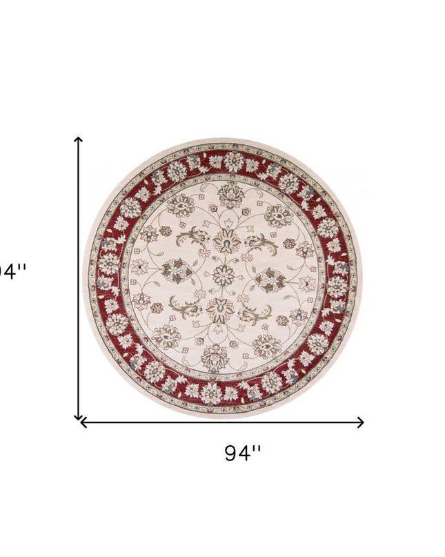8' Ivory And Red Floral Medallion Round Rug
