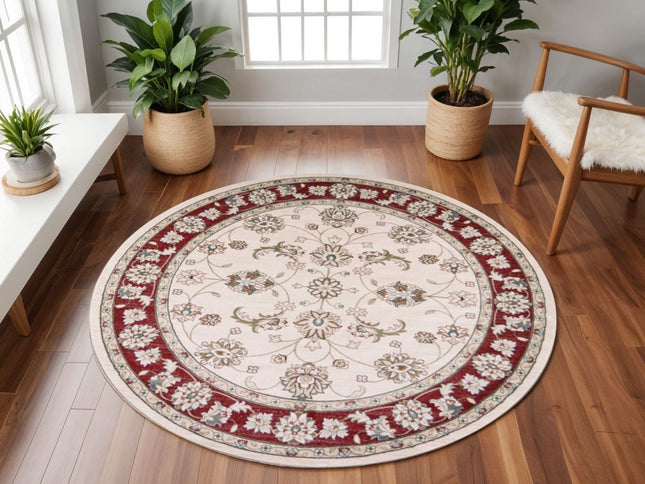 8' Ivory And Red Floral Medallion Round Rug