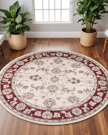 8' Ivory And Red Floral Medallion Round Rug