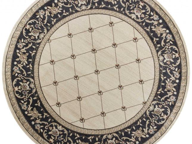8' Ivory And Gray Floral Round Rug