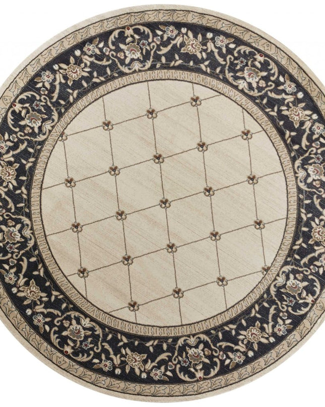 8' Ivory And Gray Floral Round Rug