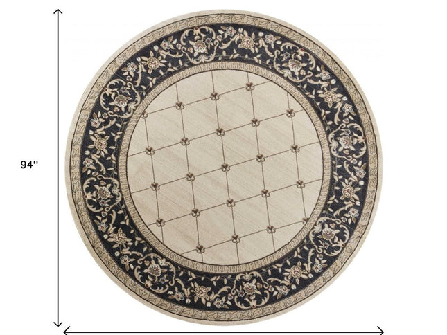 8' Ivory And Gray Floral Round Rug