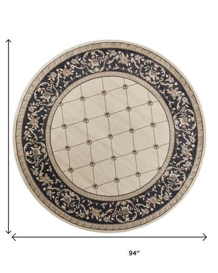 8' Ivory And Gray Floral Round Rug