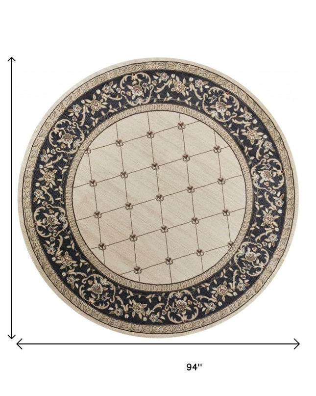8' Ivory And Gray Floral Round Rug