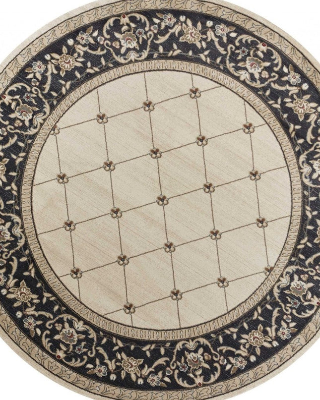8' Ivory And Gray Floral Round Rug