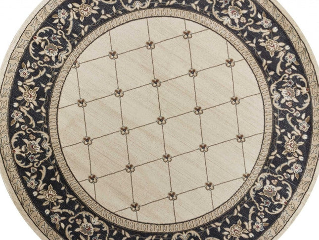 8' Ivory And Gray Floral Round Rug