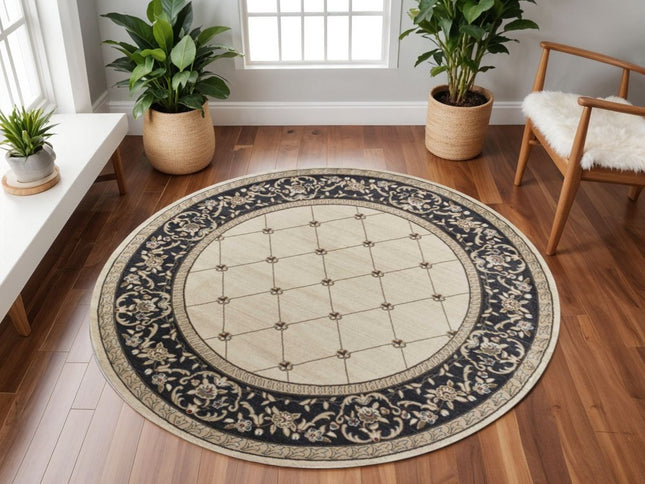 8' Ivory And Gray Floral Round Rug