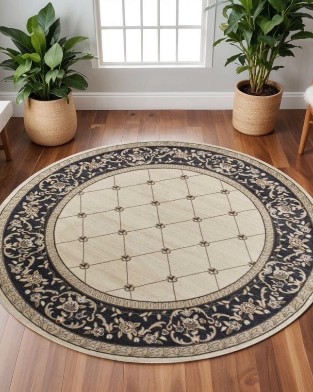 8' Ivory And Gray Floral Round Rug