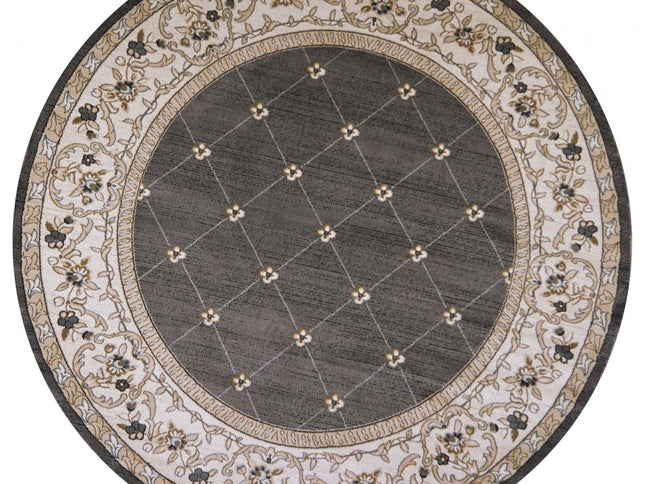 8' Gray And Ivory Floral Round Rug