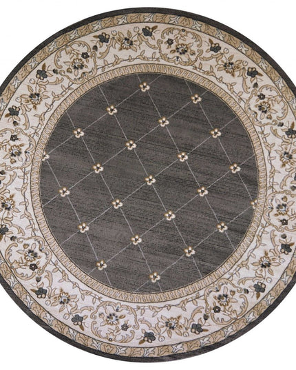 8' Gray And Ivory Floral Round Rug