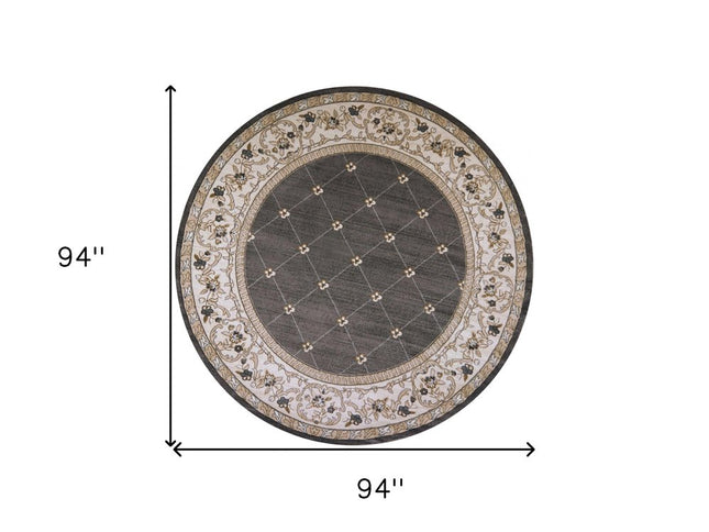 8' Gray And Ivory Floral Round Rug