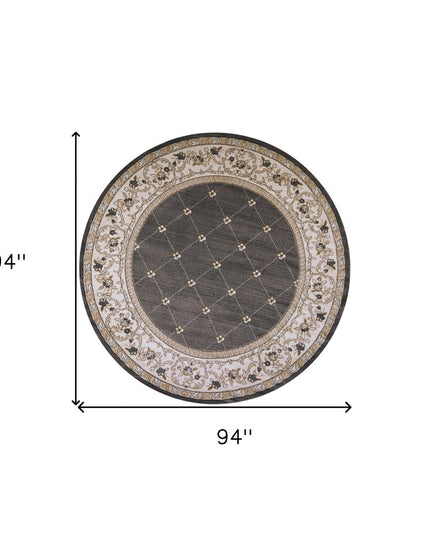 8' Gray And Ivory Floral Round Rug