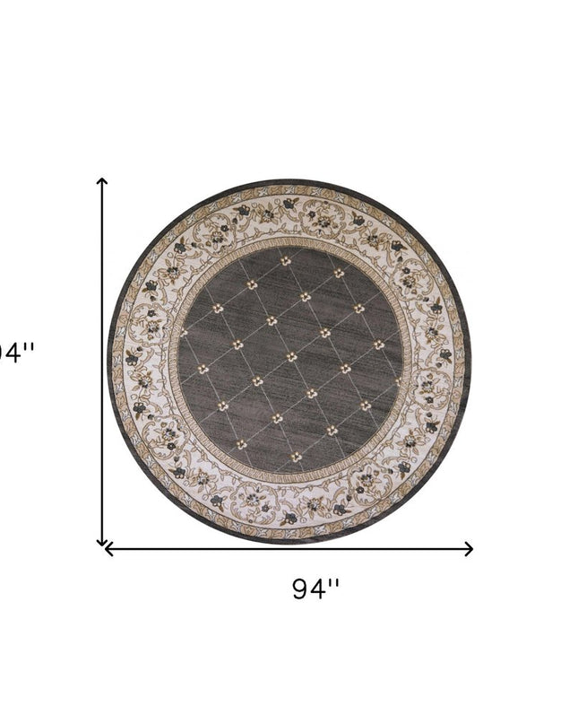 8' Gray And Ivory Floral Round Rug