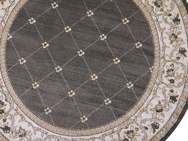 8' Gray And Ivory Floral Round Rug