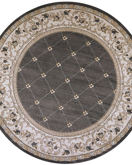 8' Gray And Ivory Floral Round Rug