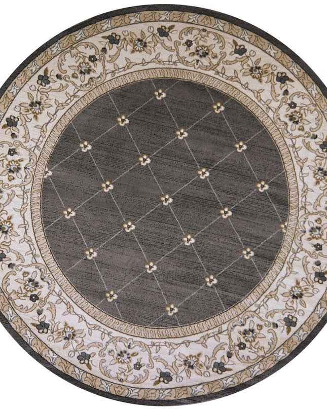 8' Gray And Ivory Floral Round Rug