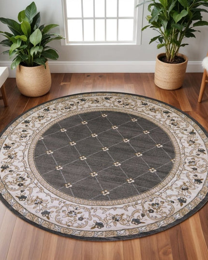 8' Gray And Ivory Floral Round Rug