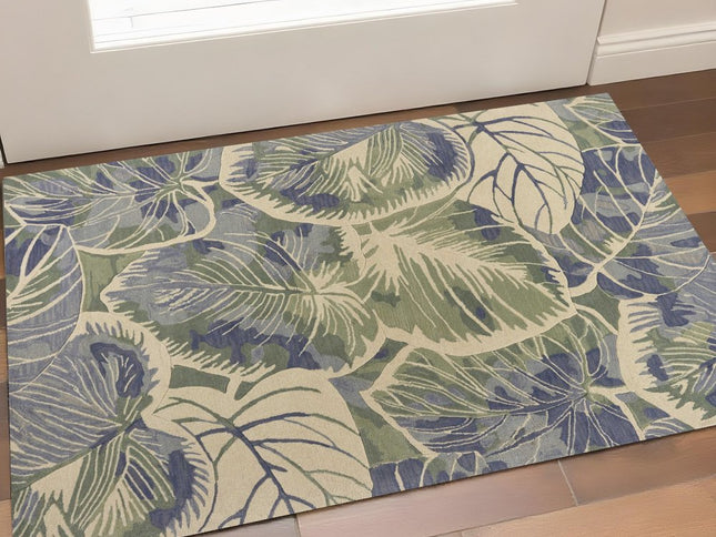 7' X 9' Blue Green And Beige Wool Tropical Botanical Hand Tufted Area Rug