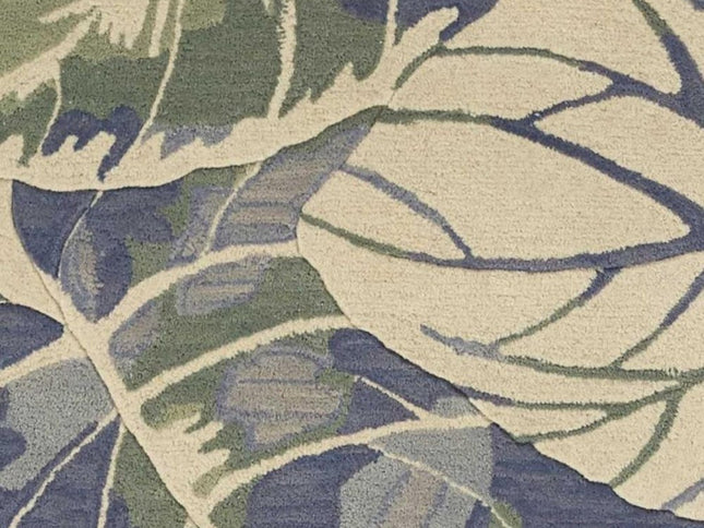 7' X 9' Blue Green And Beige Wool Tropical Botanical Hand Tufted Area Rug