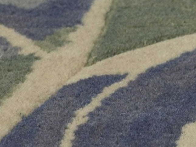 7' X 9' Blue Green And Beige Wool Tropical Botanical Hand Tufted Area Rug