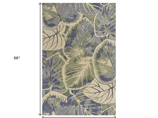 7' X 9' Blue Green And Beige Wool Tropical Botanical Hand Tufted Area Rug