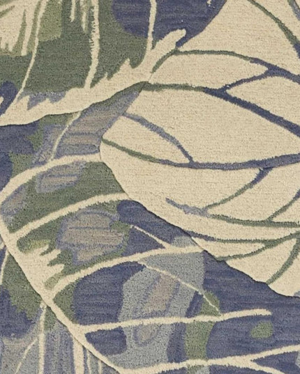7' X 9' Blue Green And Beige Wool Tropical Botanical Hand Tufted Area Rug