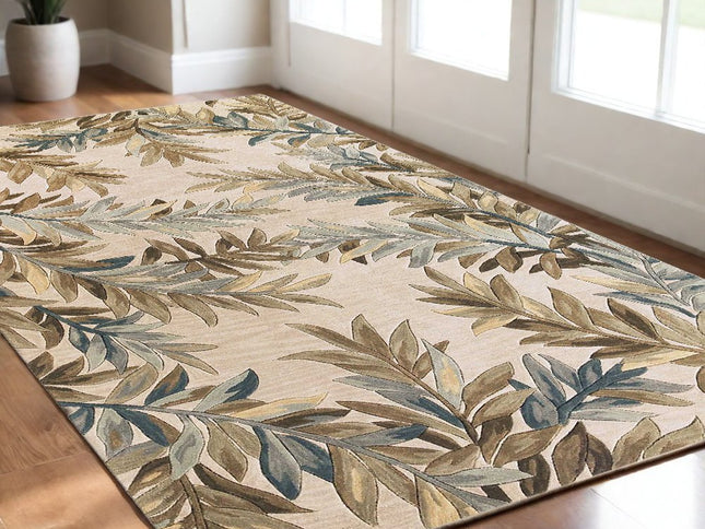 7' X 9' Ivory Brown And Blue Wool Botanical Leaves Hand Tufted Area Rug