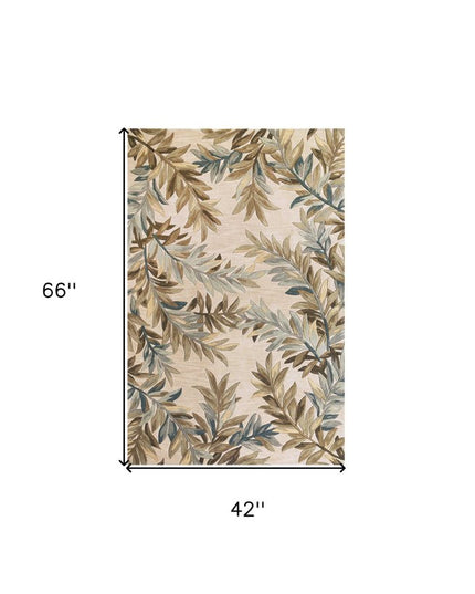7' X 9' Ivory Brown And Blue Wool Botanical Leaves Hand Tufted Area Rug