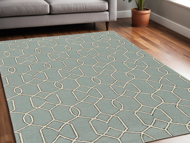 5' X 7' Green and Ivory Geometric Hand Hooked Area Rug
