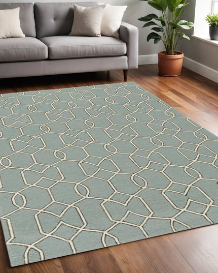 5' X 7' Green and Ivory Geometric Hand Hooked Area Rug