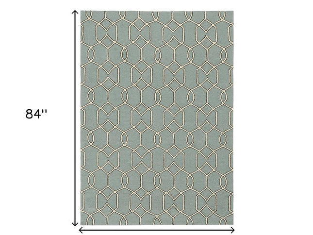 5' X 7' Green and Ivory Geometric Hand Hooked Area Rug