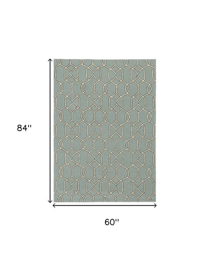 5' X 7' Green and Ivory Geometric Hand Hooked Area Rug