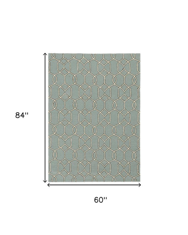 5' X 7' Green and Ivory Geometric Hand Hooked Area Rug