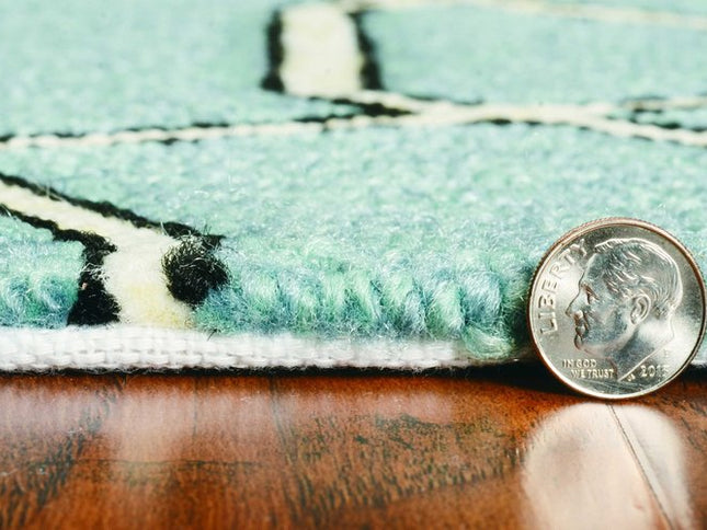 5' X 7' Green and Ivory Geometric Hand Hooked Area Rug