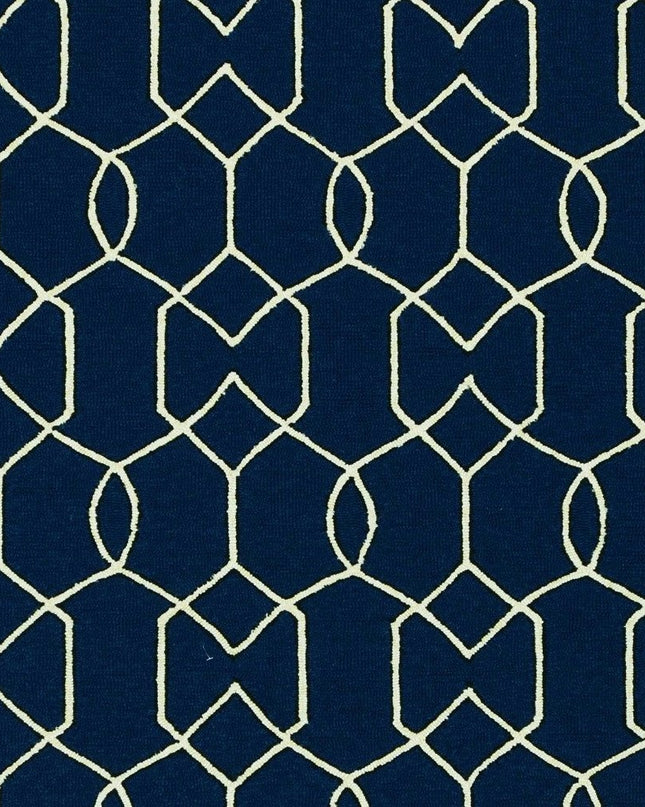 5' X 7' Navy Blue And Ivory Geometric Hand Hooked Area Rug
