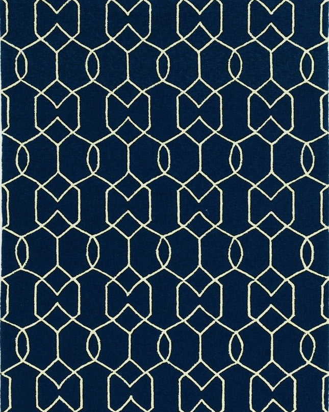 5' X 7' Navy Blue And Ivory Geometric Hand Hooked Area Rug