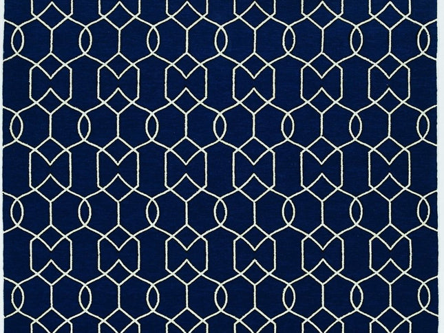 5' X 7' Navy Blue And Ivory Geometric Hand Hooked Area Rug