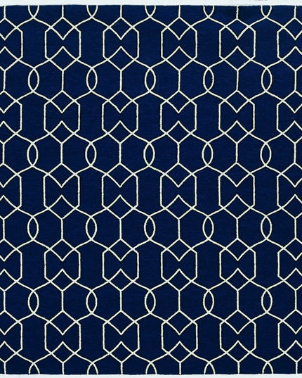 5' X 7' Navy Blue And Ivory Geometric Hand Hooked Area Rug