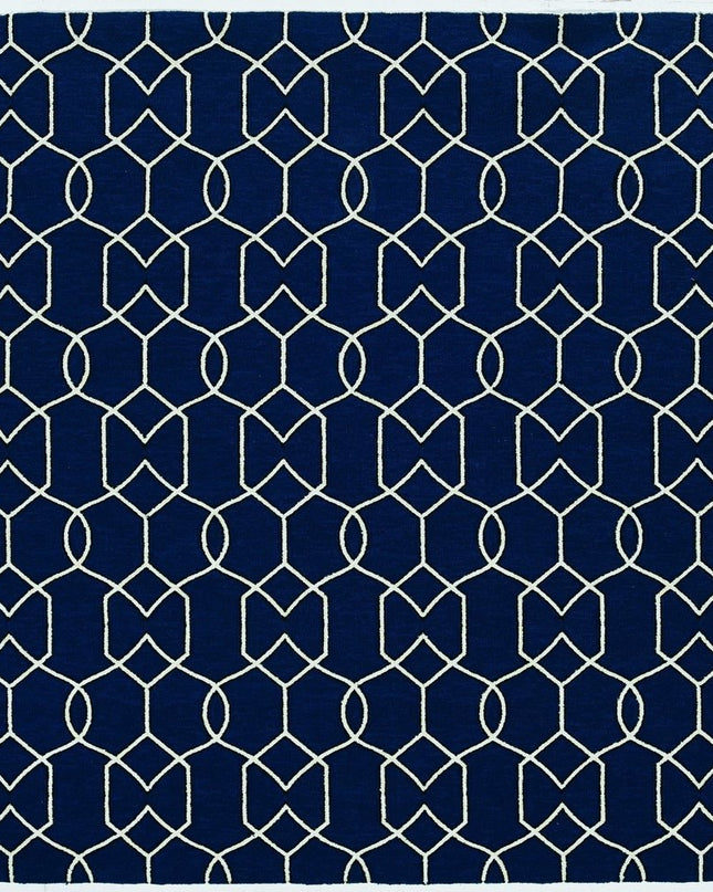 5' X 7' Navy Blue And Ivory Geometric Hand Hooked Area Rug