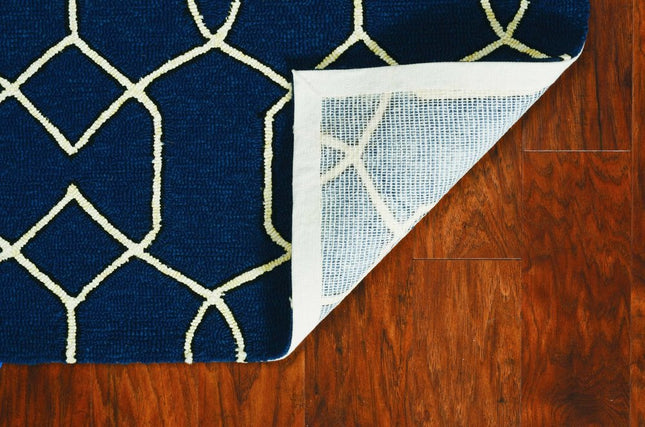 5' X 7' Navy Blue And Ivory Geometric Hand Hooked Area Rug