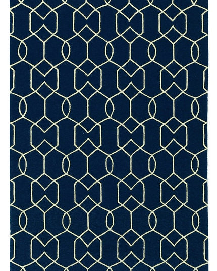 5' X 7' Navy Blue And Ivory Geometric Hand Hooked Area Rug