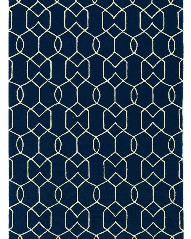 5' X 7' Navy Blue And Ivory Geometric Hand Hooked Area Rug