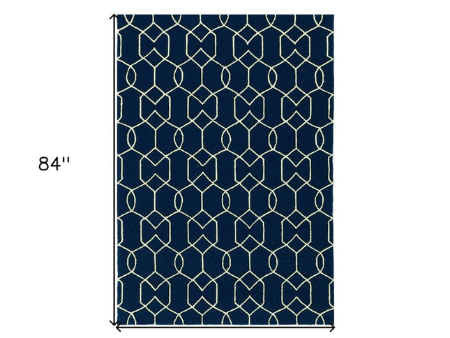 5' X 7' Navy Blue And Ivory Geometric Hand Hooked Area Rug