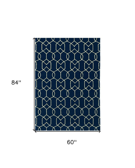 5' X 7' Navy Blue And Ivory Geometric Hand Hooked Area Rug