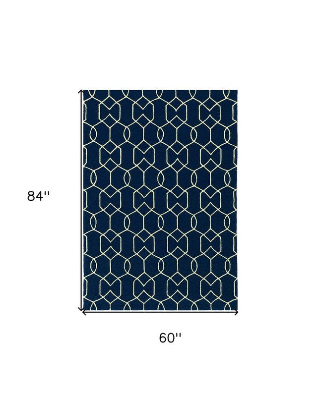 5' X 7' Navy Blue And Ivory Geometric Hand Hooked Area Rug